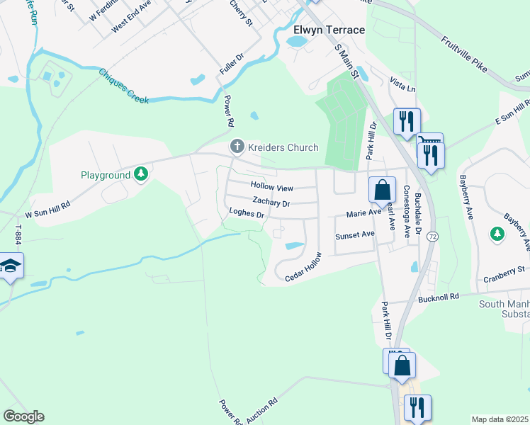 map of restaurants, bars, coffee shops, grocery stores, and more near 218 Loghes Drive in Manheim