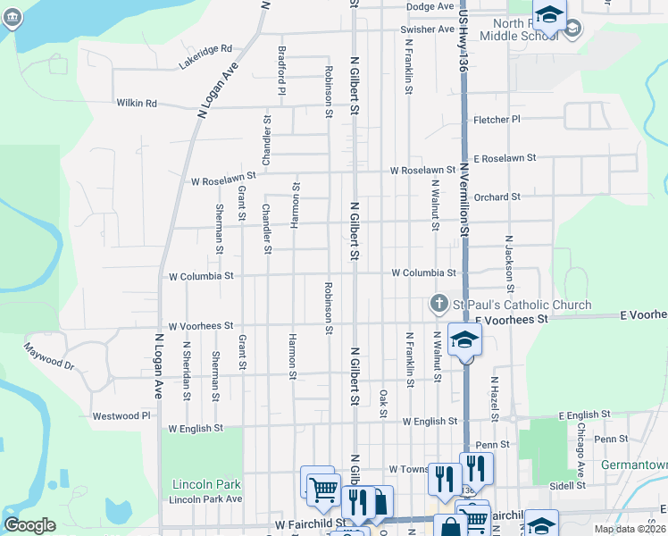 map of restaurants, bars, coffee shops, grocery stores, and more near 400-498 W Columbia St in Danville