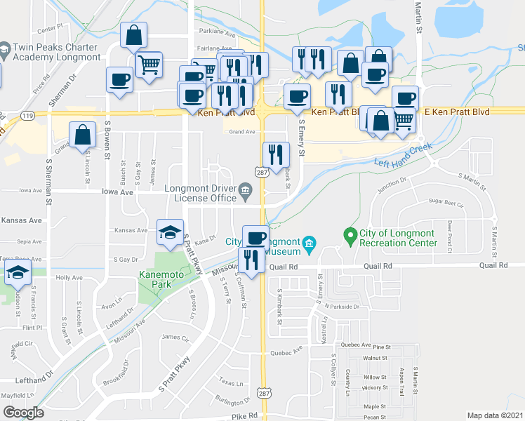 map of restaurants, bars, coffee shops, grocery stores, and more near 1011 South Main Street in Longmont