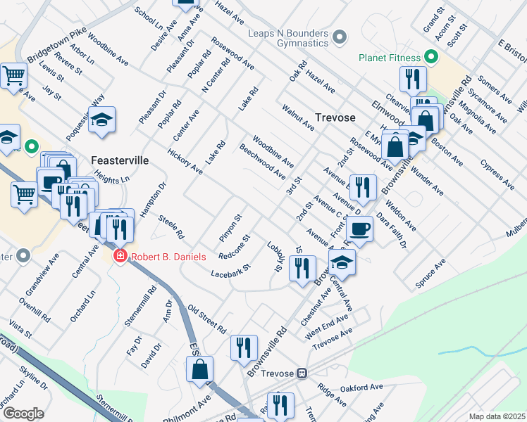 map of restaurants, bars, coffee shops, grocery stores, and more near 532 East Pine Street in Trevose
