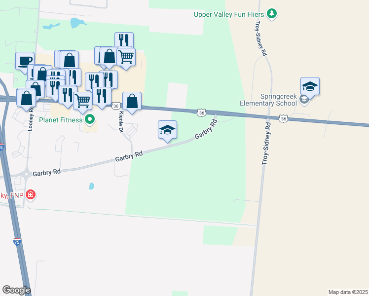 map of restaurants, bars, coffee shops, grocery stores, and more near 404 Garbry Road in Piqua