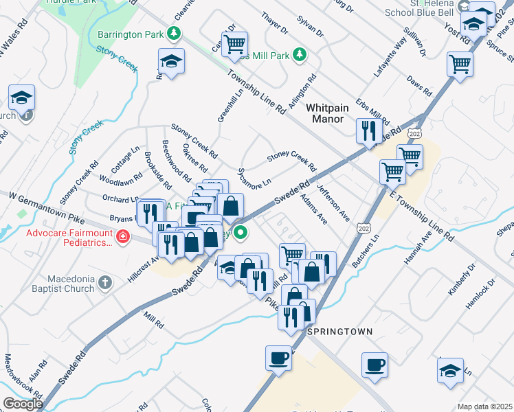 map of restaurants, bars, coffee shops, grocery stores, and more near 3005 Swede Road in Norristown