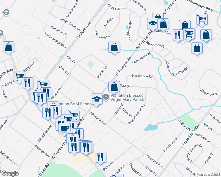 map of restaurants, bars, coffee shops, grocery stores, and more near 206 North Trooper Road in Eagleville