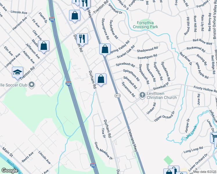 map of restaurants, bars, coffee shops, grocery stores, and more near 1530 Veterans Highway in Levittown