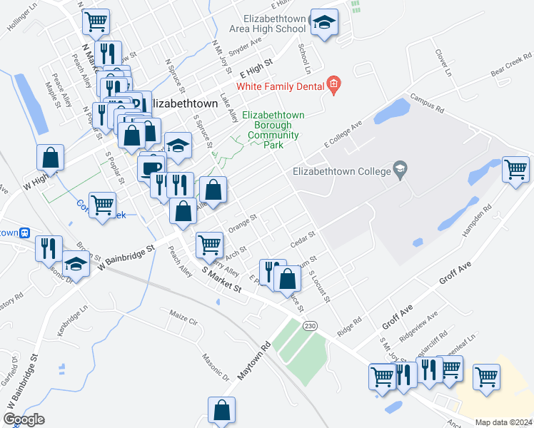 map of restaurants, bars, coffee shops, grocery stores, and more near 234 Orange Street in Elizabethtown