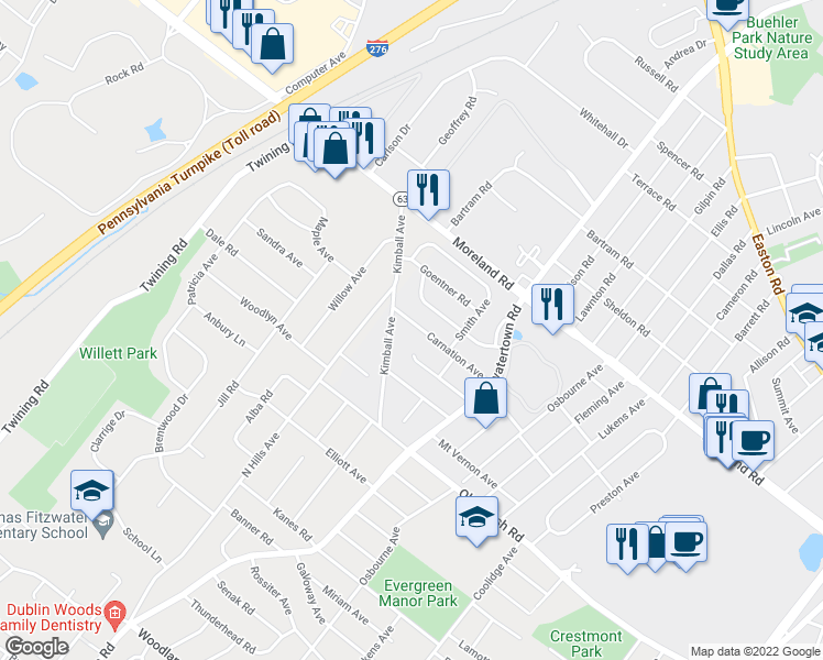 map of restaurants, bars, coffee shops, grocery stores, and more near 2968 Carnation Avenue in Willow Grove