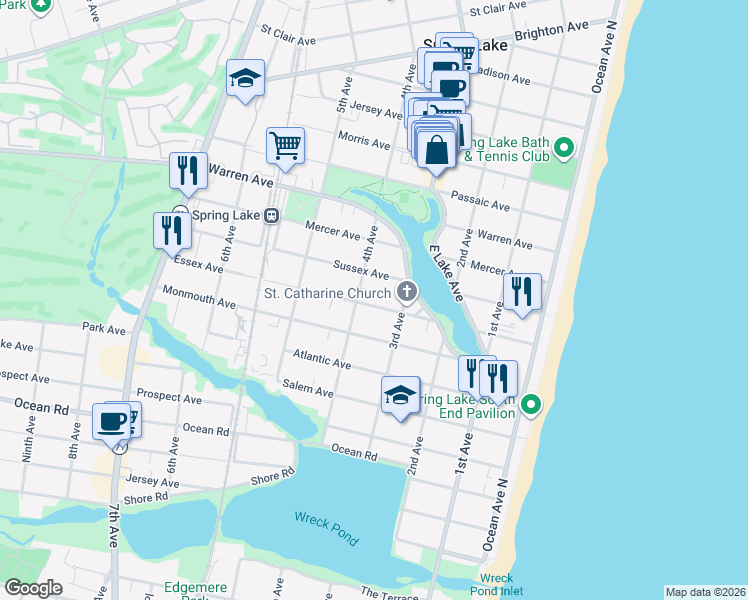 map of restaurants, bars, coffee shops, grocery stores, and more near 309 Essex Avenue in Spring Lake