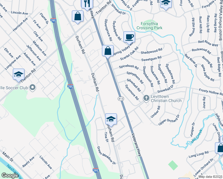 map of restaurants, bars, coffee shops, grocery stores, and more near 1530 Veterans Highway in Levittown