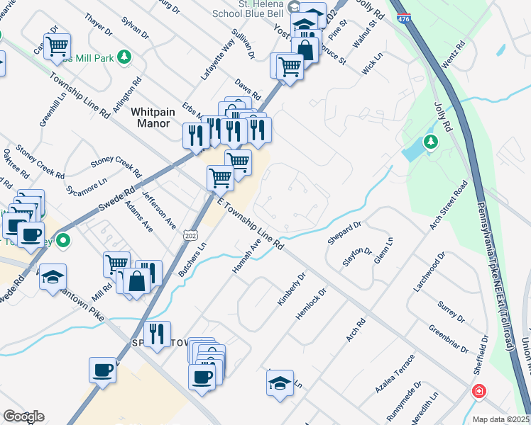 map of restaurants, bars, coffee shops, grocery stores, and more near 3010 Aspen Circle in Blue Bell
