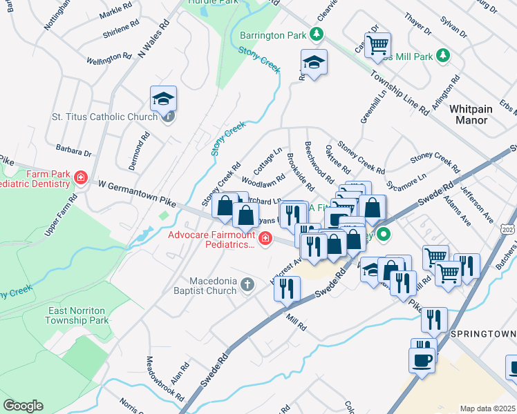 map of restaurants, bars, coffee shops, grocery stores, and more near 227 Bryans Road in Norristown