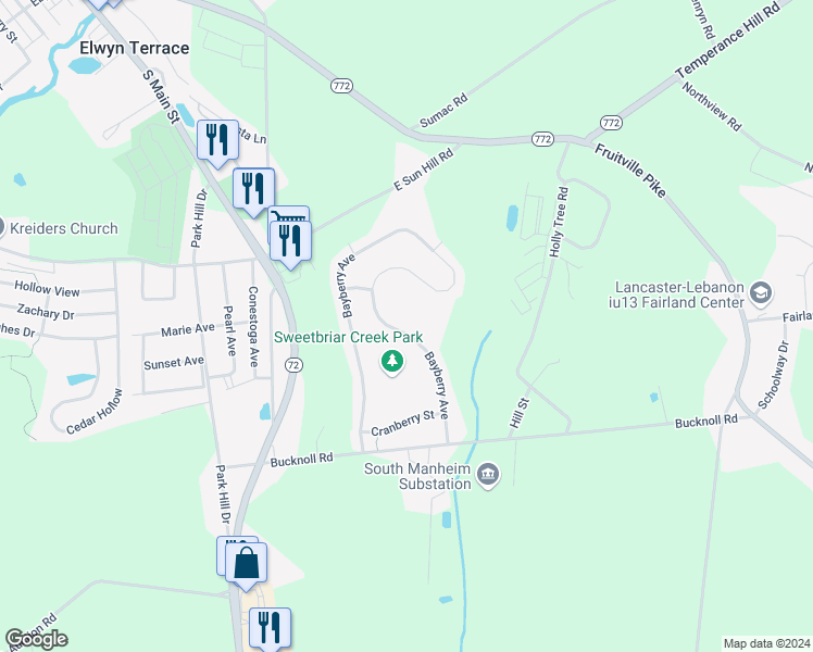 map of restaurants, bars, coffee shops, grocery stores, and more near 6309 Bayberry Avenue in Manheim
