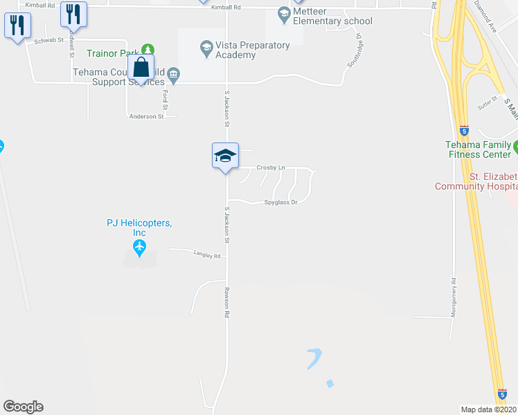 map of restaurants, bars, coffee shops, grocery stores, and more near 715 Spyglass Drive in Red Bluff