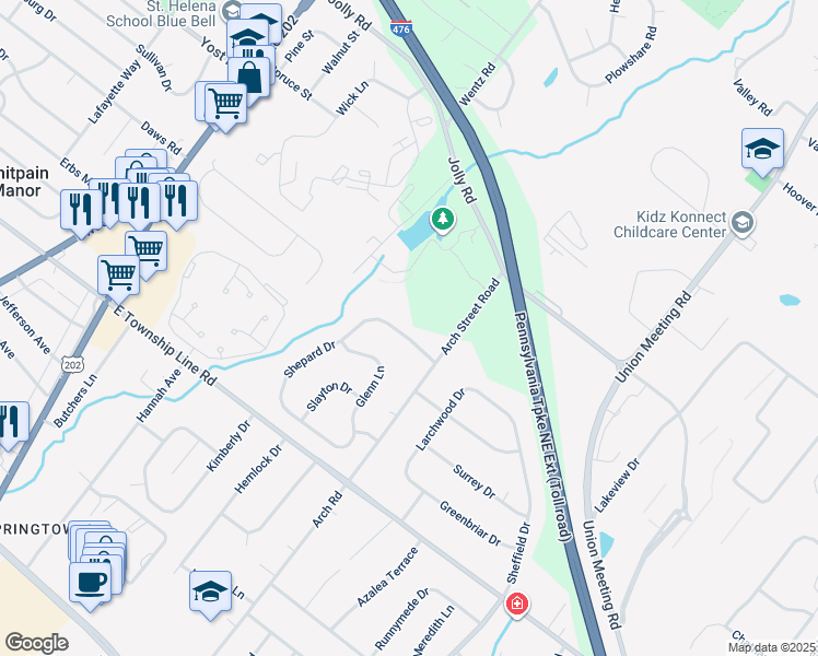 map of restaurants, bars, coffee shops, grocery stores, and more near 1025 Shepard Drive in Blue Bell