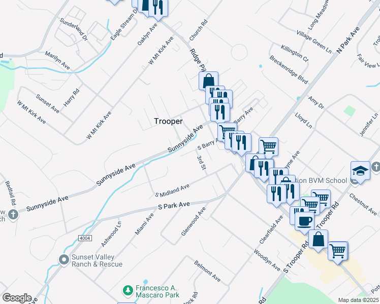 map of restaurants, bars, coffee shops, grocery stores, and more near 319 South Barry Avenue in Trooper