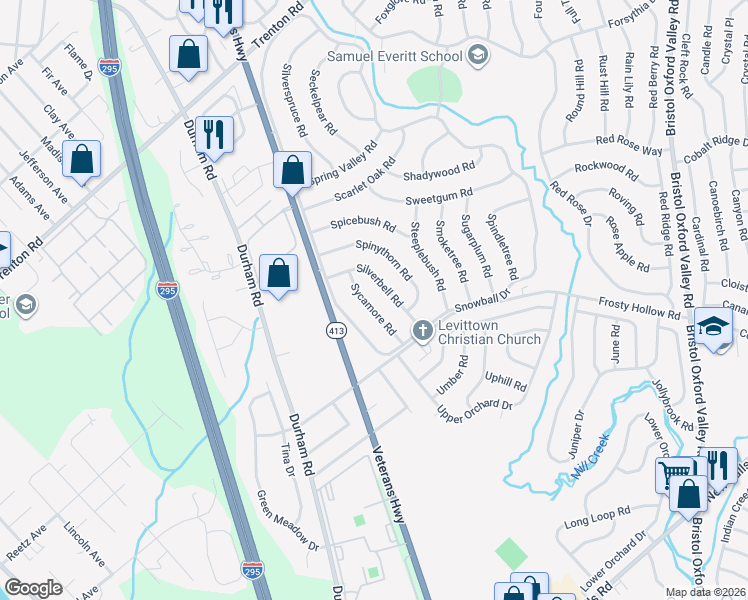 map of restaurants, bars, coffee shops, grocery stores, and more near 33 Sycamore Road in Levittown