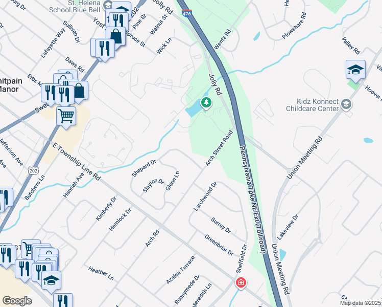 map of restaurants, bars, coffee shops, grocery stores, and more near 1025 Shepard Drive in Blue Bell
