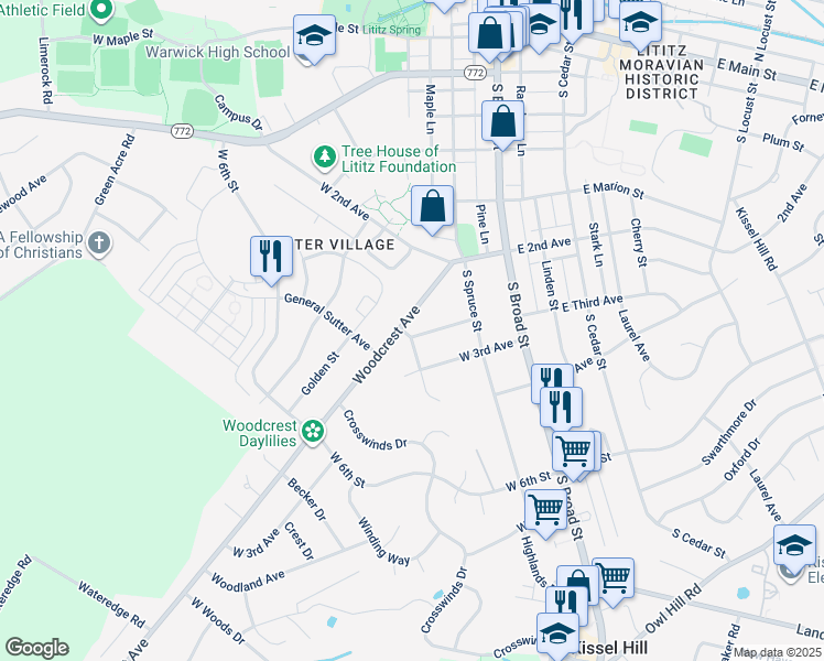 map of restaurants, bars, coffee shops, grocery stores, and more near 123 West End Avenue in Lititz