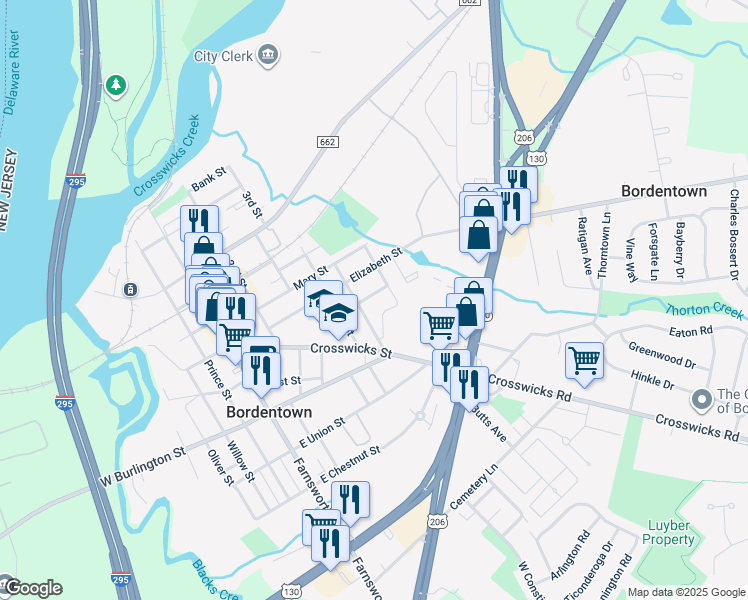 map of restaurants, bars, coffee shops, grocery stores, and more near 104 Vernon Street in Bordentown
