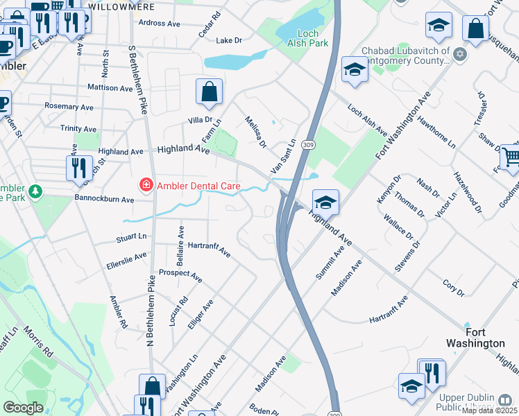 map of restaurants, bars, coffee shops, grocery stores, and more near 1600 Basswood Grove in Ambler
