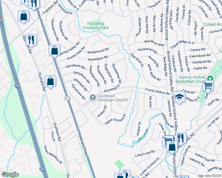map of restaurants, bars, coffee shops, grocery stores, and more near 567 Snowball Drive in Levittown