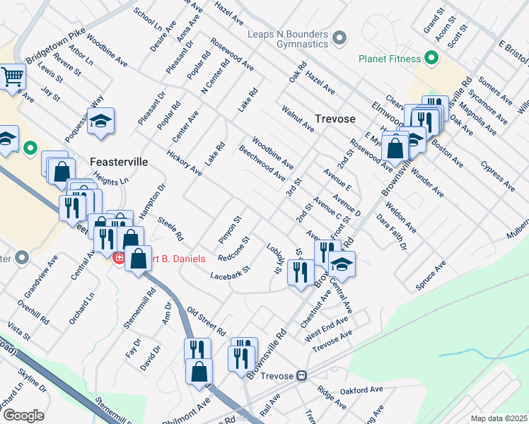 map of restaurants, bars, coffee shops, grocery stores, and more near 532 East Pine Street in Trevose