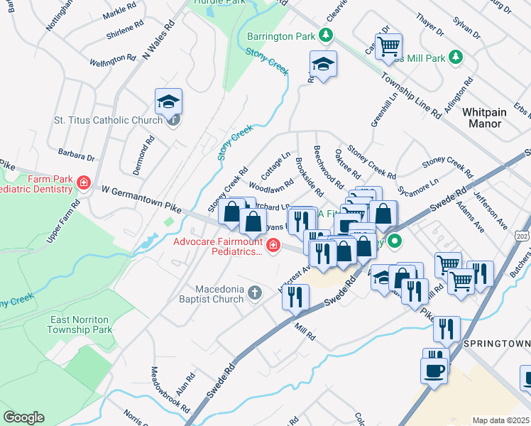 map of restaurants, bars, coffee shops, grocery stores, and more near 227 Bryans Road in Norristown