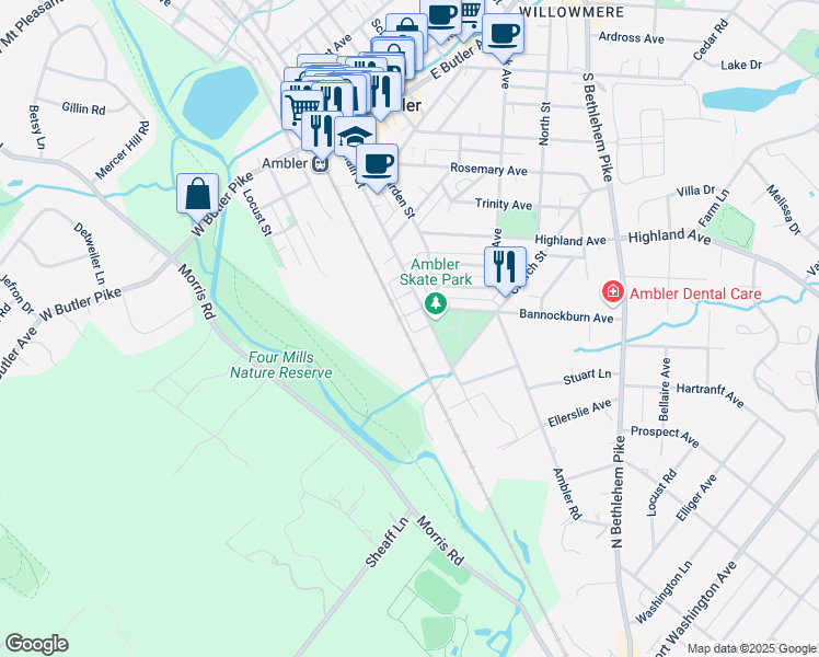 map of restaurants, bars, coffee shops, grocery stores, and more near 113 Mary Ambler Way in Ambler