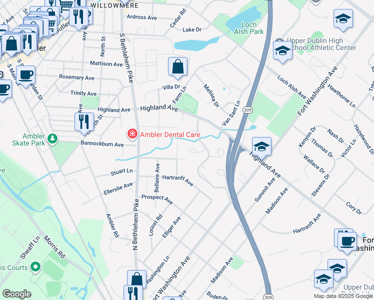 map of restaurants, bars, coffee shops, grocery stores, and more near 1806 Red Maple Grove in Ambler