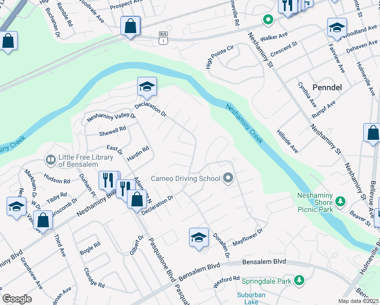 map of restaurants, bars, coffee shops, grocery stores, and more near 3204 Farragut Court in Bensalem