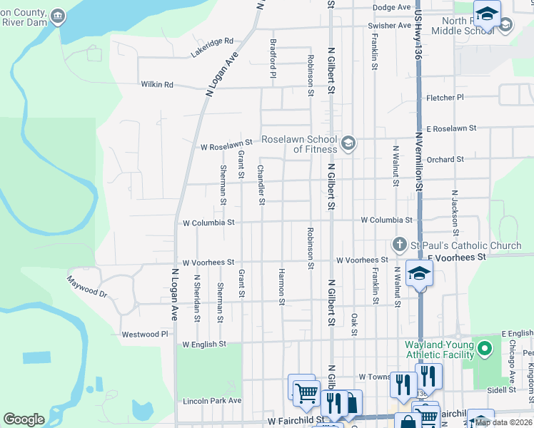 map of restaurants, bars, coffee shops, grocery stores, and more near 600-698 West Columbia Street in Danville