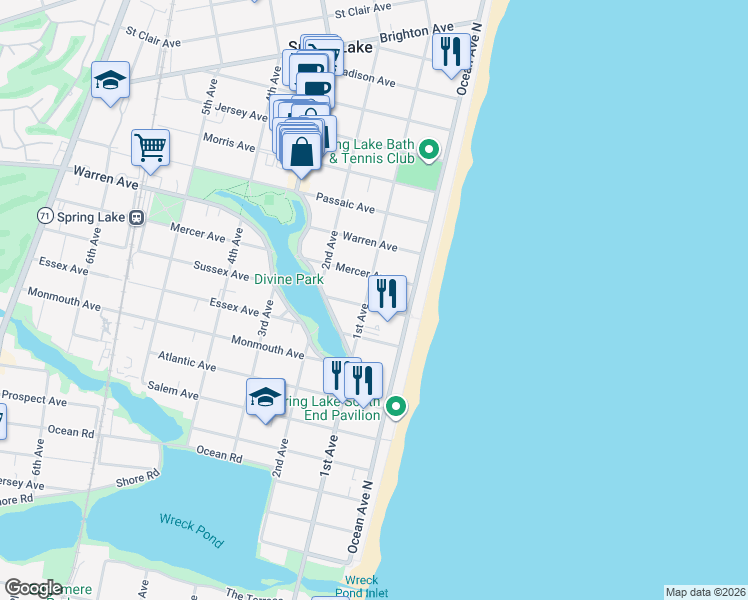 map of restaurants, bars, coffee shops, grocery stores, and more near 16 Sussex Avenue in Spring Lake