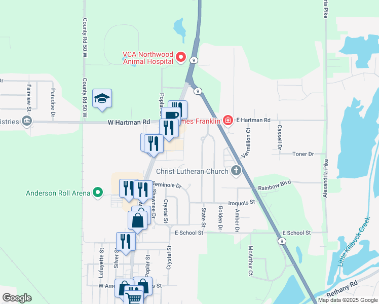 map of restaurants, bars, coffee shops, grocery stores, and more near 2828 Broadway Street in Anderson