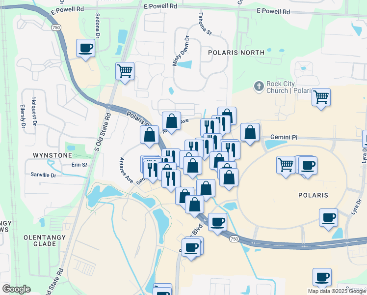 map of restaurants, bars, coffee shops, grocery stores, and more near 1000 Polaris Parkway in Columbus