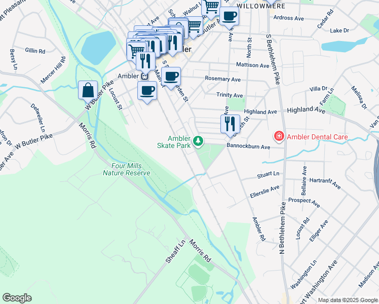 map of restaurants, bars, coffee shops, grocery stores, and more near 126 Mary Ambler Way in Ambler