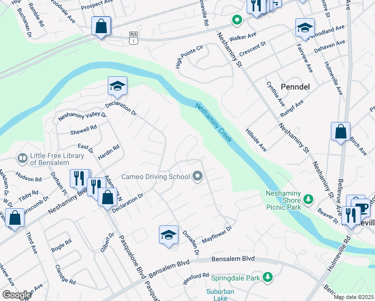 map of restaurants, bars, coffee shops, grocery stores, and more near 6520 Senator Lane in Bensalem