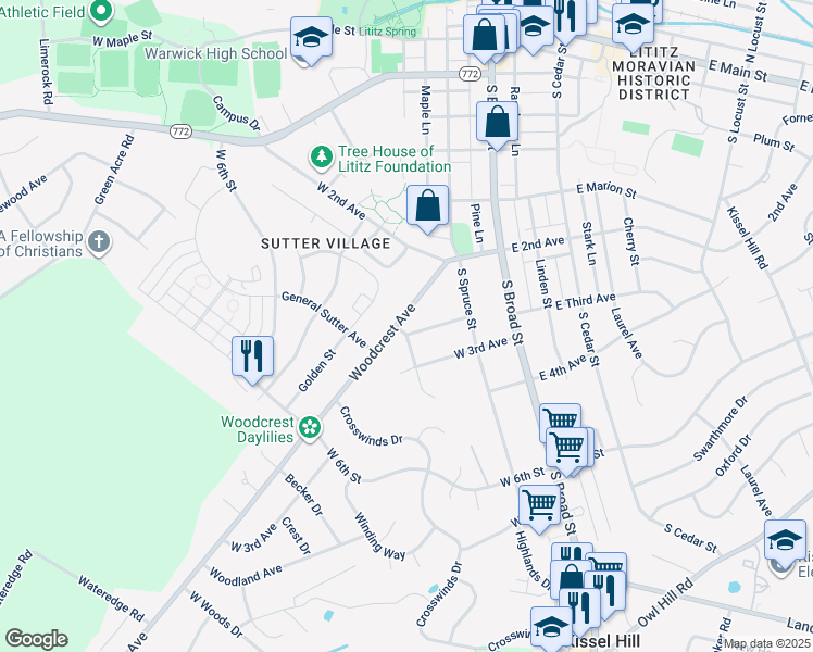 map of restaurants, bars, coffee shops, grocery stores, and more near 123 West End Avenue in Lititz