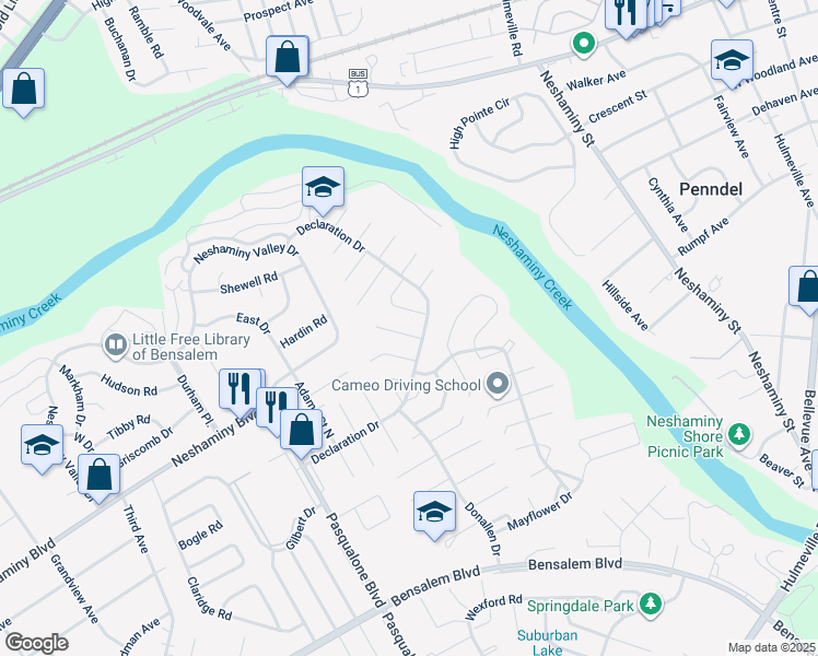 map of restaurants, bars, coffee shops, grocery stores, and more near 3212 Farragut Court in Bensalem