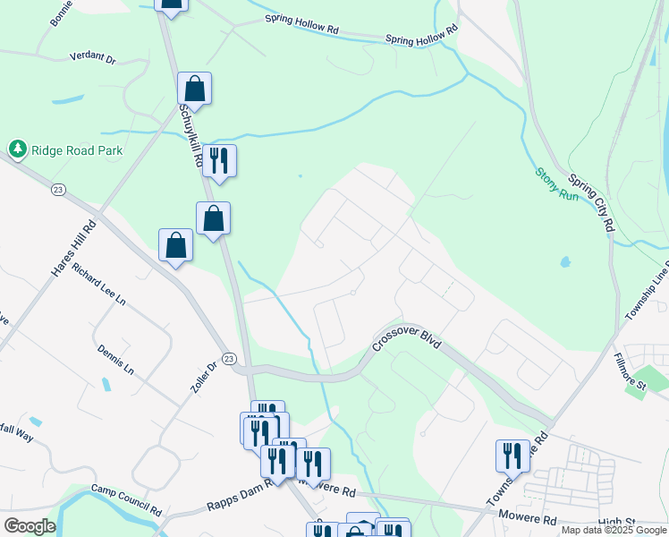map of restaurants, bars, coffee shops, grocery stores, and more near 1035 Snyder Avenue in Phoenixville