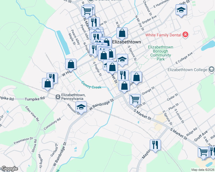 map of restaurants, bars, coffee shops, grocery stores, and more near 229 South Poplar Street in Elizabethtown