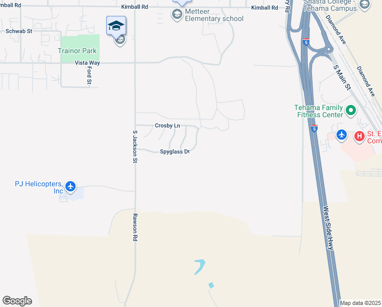 map of restaurants, bars, coffee shops, grocery stores, and more near 625 Spyglass Drive in Red Bluff