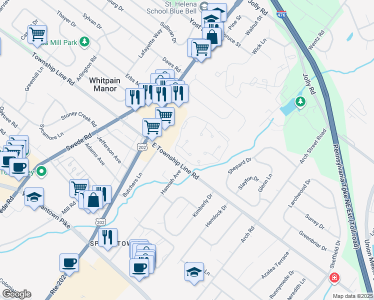 map of restaurants, bars, coffee shops, grocery stores, and more near 2707 Aspen Circle in Blue Bell