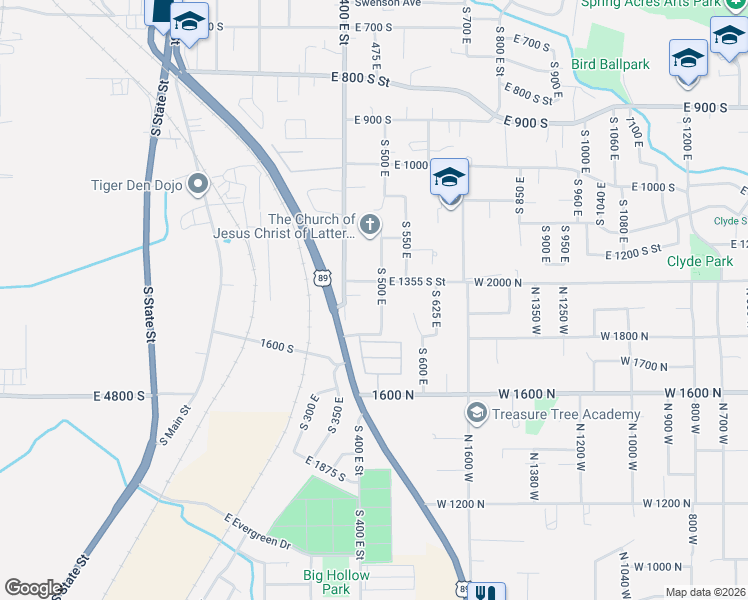 map of restaurants, bars, coffee shops, grocery stores, and more near 1261 South 500 East in Springville