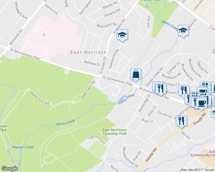 map of restaurants, bars, coffee shops, grocery stores, and more near Barley Sheaf Drive in East Norriton