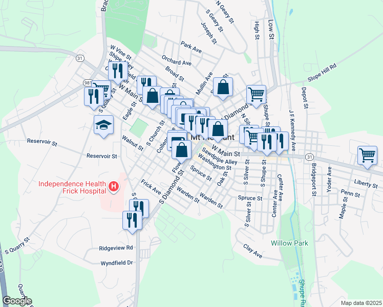 map of restaurants, bars, coffee shops, grocery stores, and more near 118 South Diamond Street in Mount Pleasant