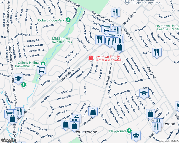 map of restaurants, bars, coffee shops, grocery stores, and more near 331 Indian Creek Drive in Levittown