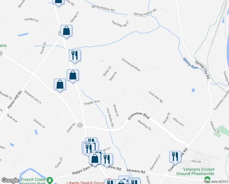 map of restaurants, bars, coffee shops, grocery stores, and more near 1035 Snyder Avenue in Phoenixville