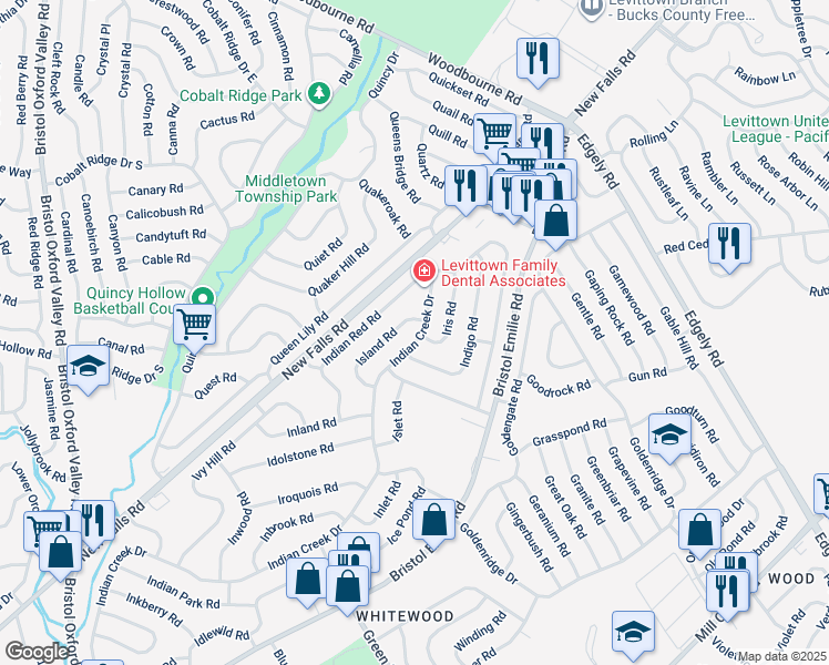 map of restaurants, bars, coffee shops, grocery stores, and more near 331 Indian Creek Drive in Levittown
