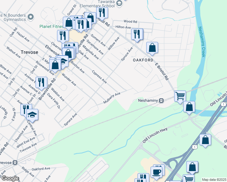 map of restaurants, bars, coffee shops, grocery stores, and more near 4608 Cypress Avenue in Feasterville-Trevose