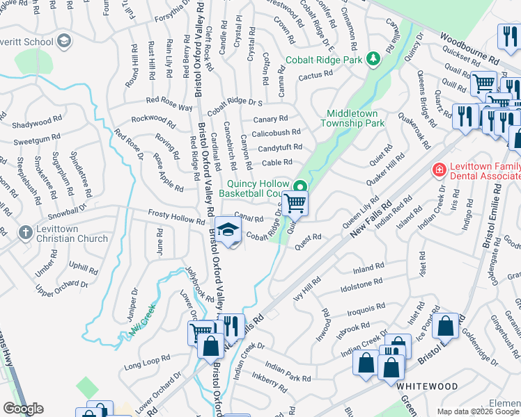 map of restaurants, bars, coffee shops, grocery stores, and more near 27 Canal Road in Levittown
