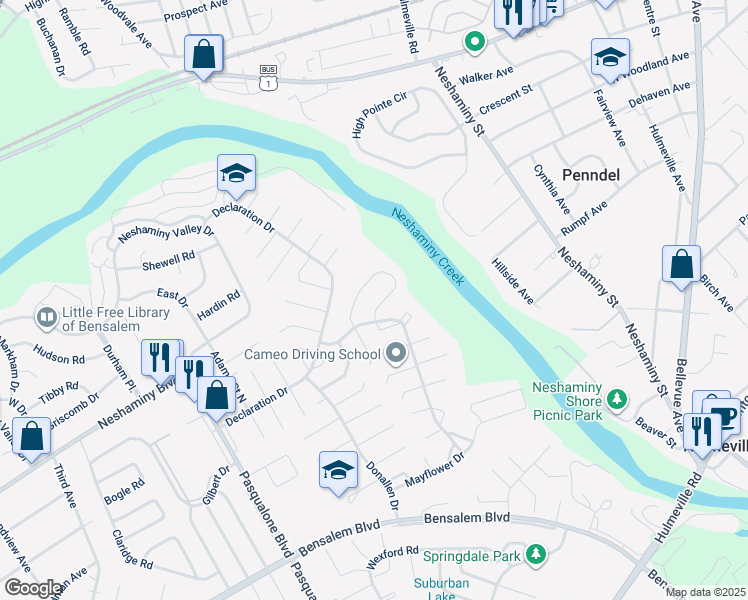 map of restaurants, bars, coffee shops, grocery stores, and more near 6520 Senator Lane in Bensalem